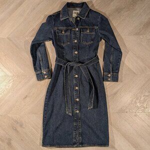 Zara Dark Denim Dress Jacket Women's Small Belt Jean Western Long Sleeve